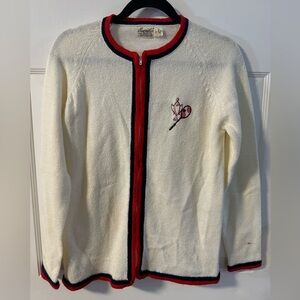60s Tennis Trophy Preppy Vintage Cream Zip Up Cardigan Red & Blue Sportswear